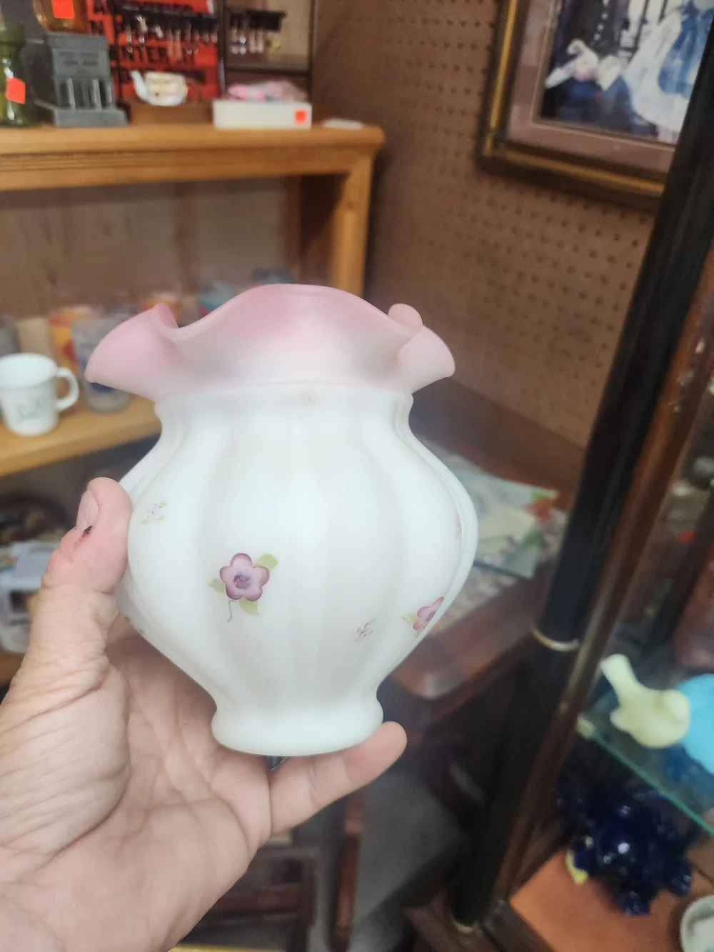 Fenton Pink and White Hand-Painted Floral Glass Vase